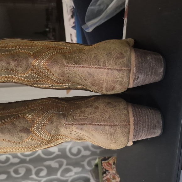 Western Cowgirl  Chunky Heel Mid Calf Snip Toe Vintage Tan Cowboy Boots 9.5 - Picture 7 of 14